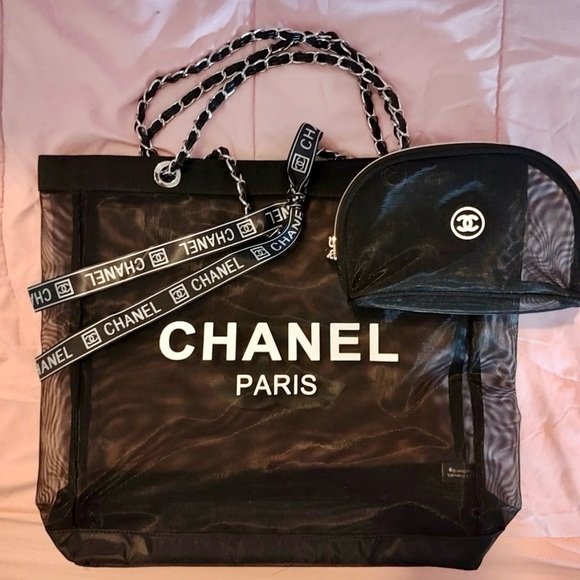 CHANEL Black Mesh Tote with Matching Cosmetic Pouch Silver tone Hardware NWT GWP - Picture 3 of 13